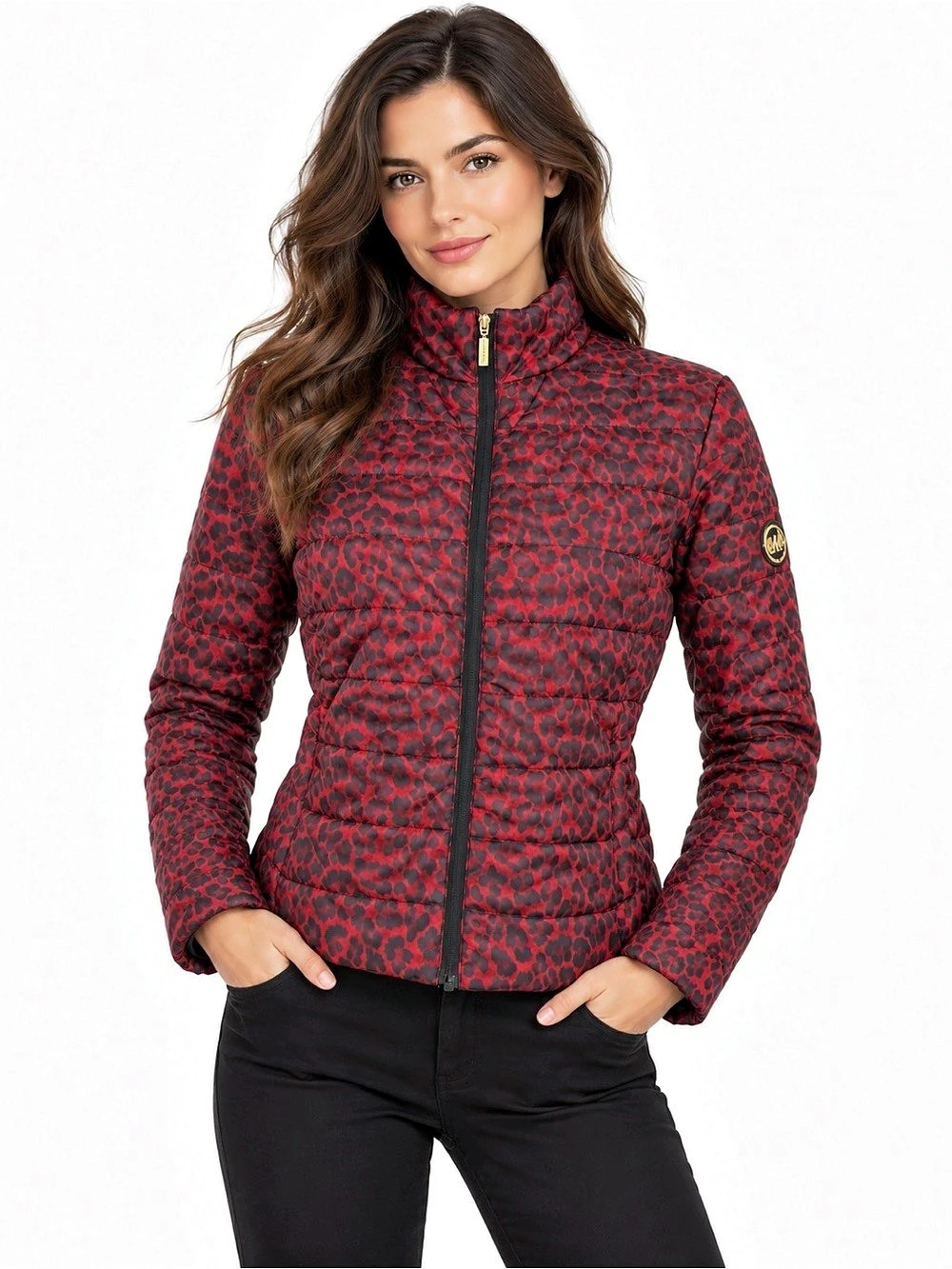 Michael Kors Red Black Leopard Puffer Jacket Quilted Animal Print Stand Collar M